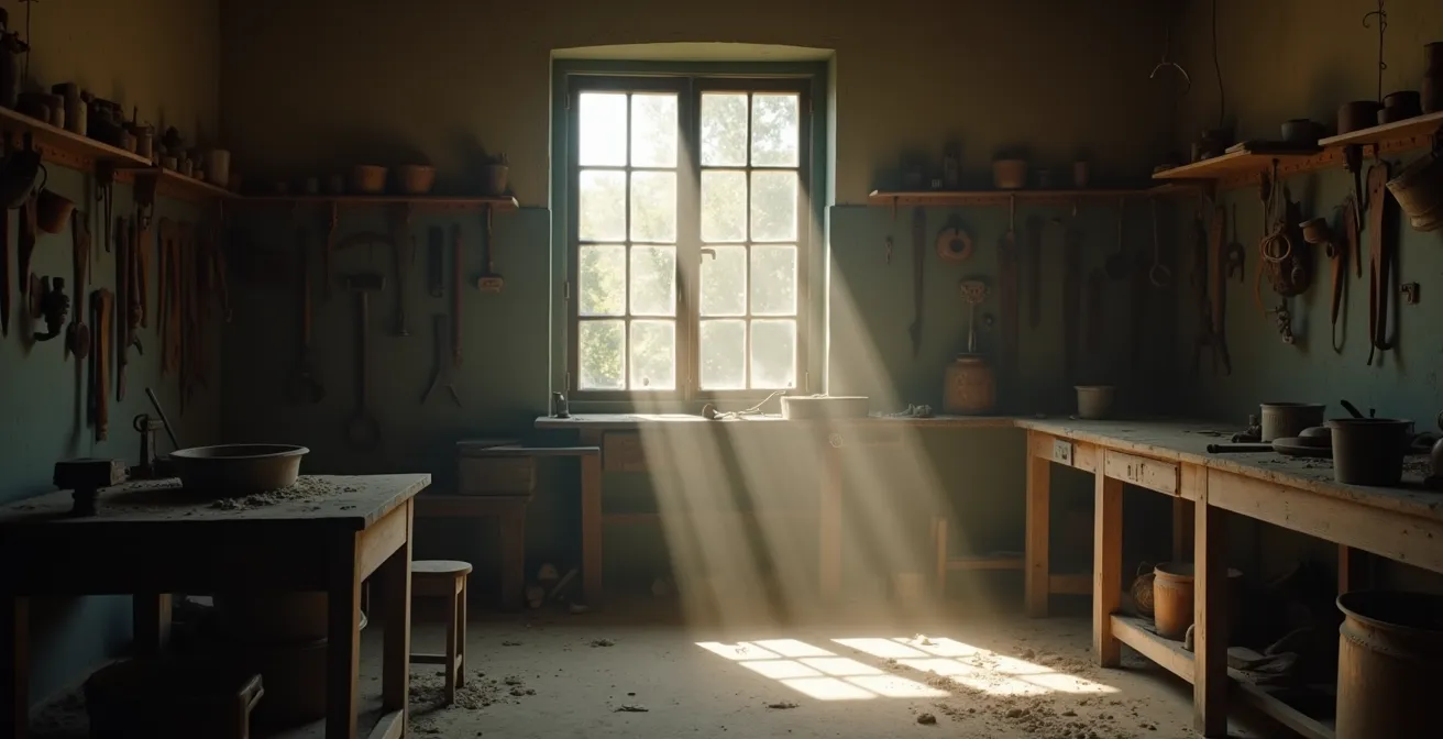 Abandoned traditional workshop with tools casting shadows, dust particles floating in a shaft of light