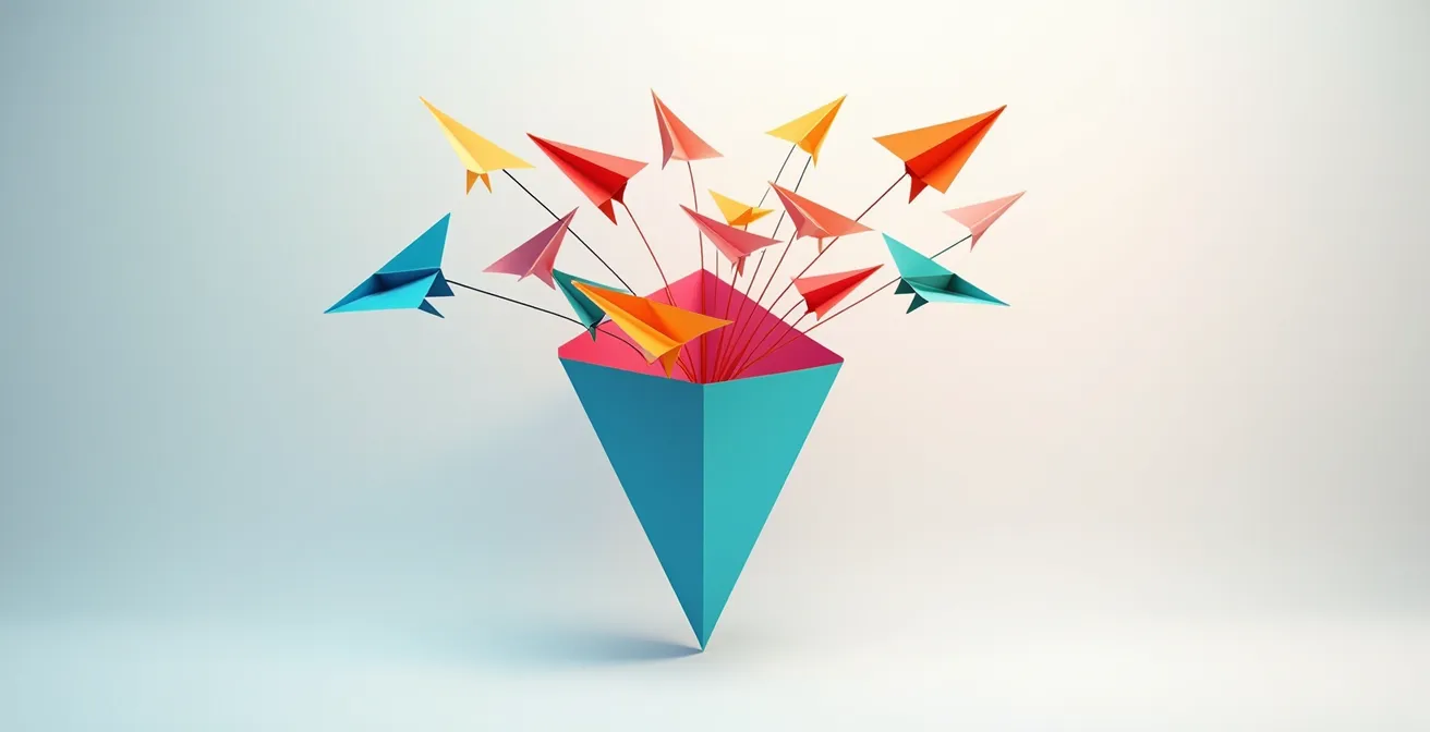 Abstract visualization of ideas being filtered through geometric shapes