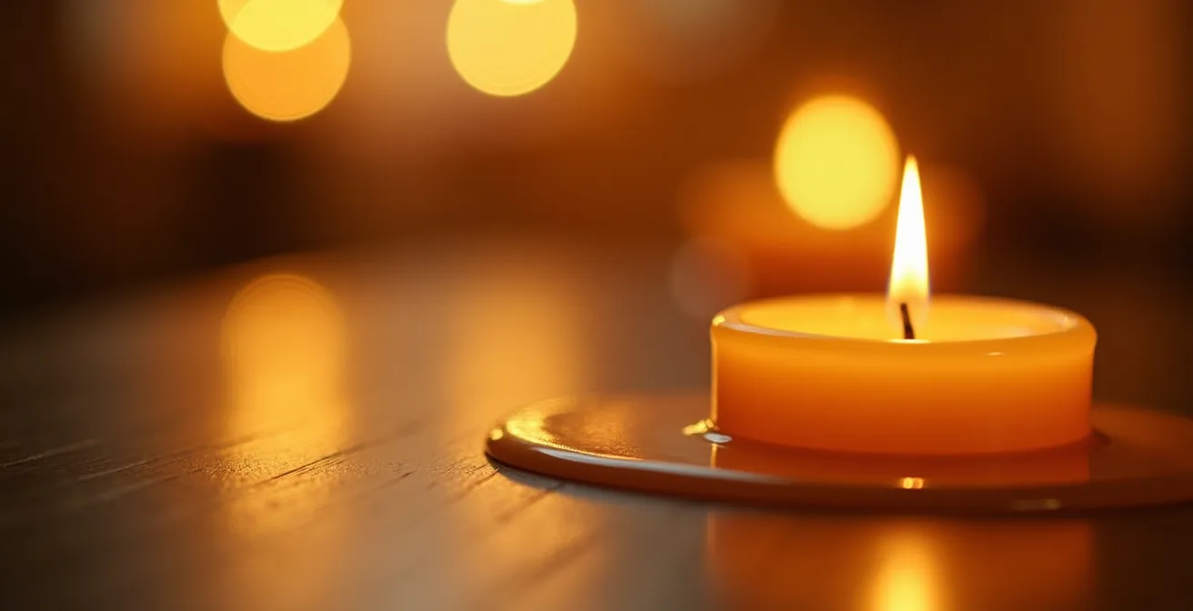 Close-up of lit candles creating warm ambiance with soft bokeh background