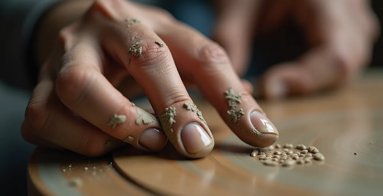 Close-up of artisan's weathered hands pointing to unique imperfection in handmade pottery