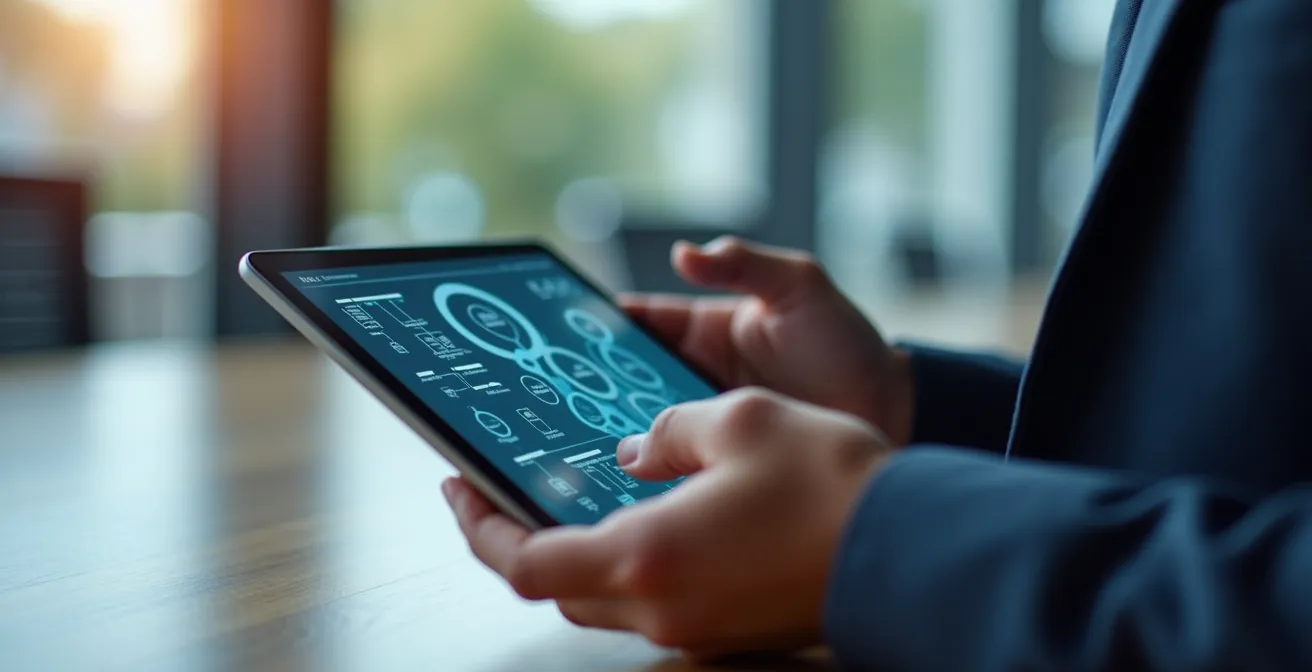 Abstract representation of automated workflow system with interconnected nodes