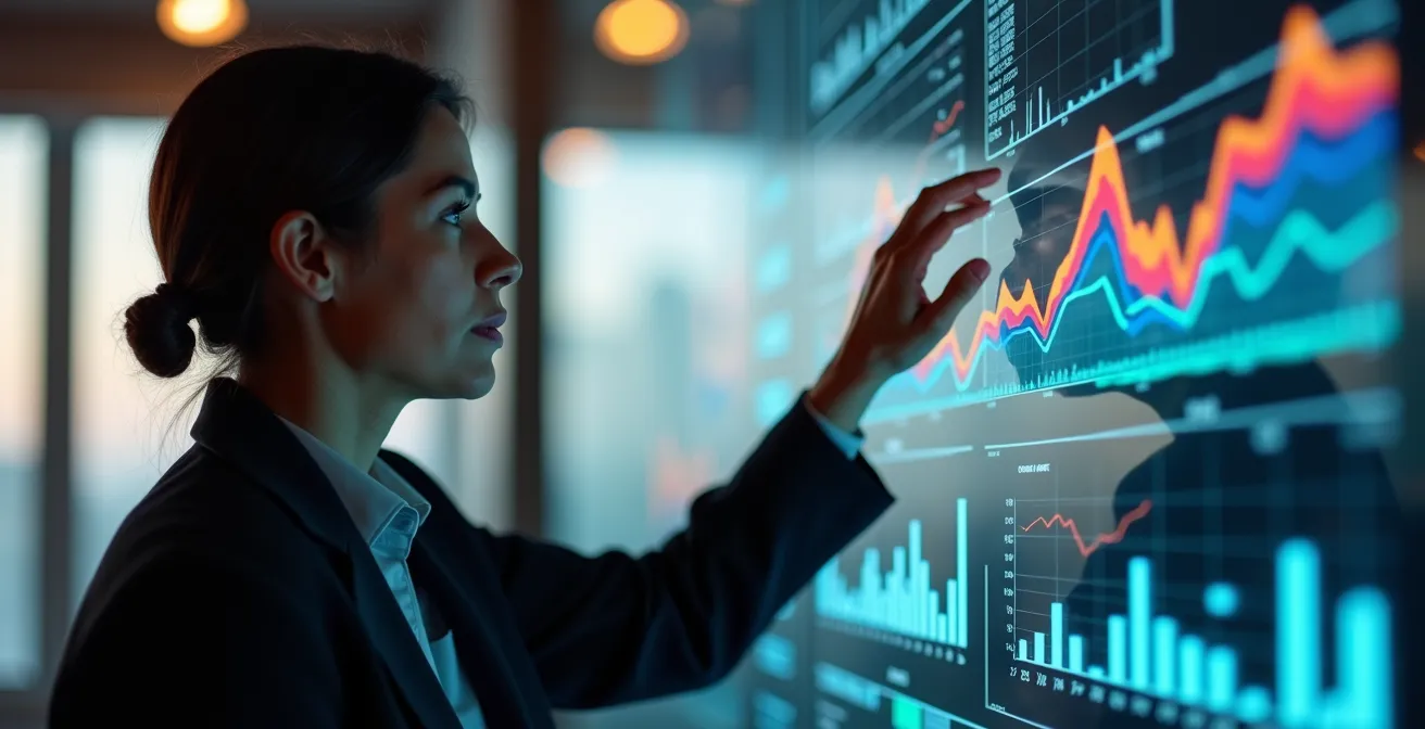 Business professional examining performance data patterns on transparent display board