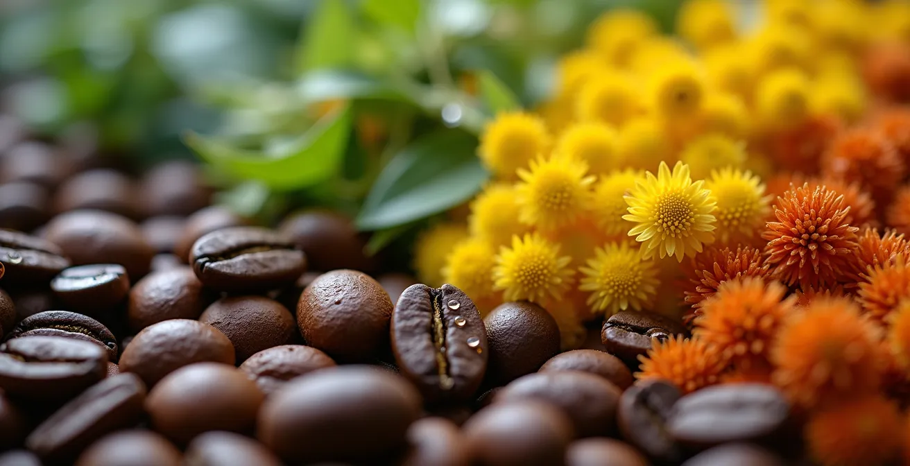 Visual timeline showing a gradient of coffee beans transitioning to tea leaves and then chamomile flowers, symbolizing caffeine reduction throughout the day.