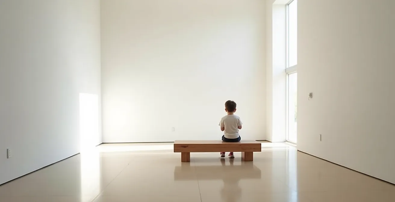 Young child resting peacefully on a museum bench in a quiet gallery corner
