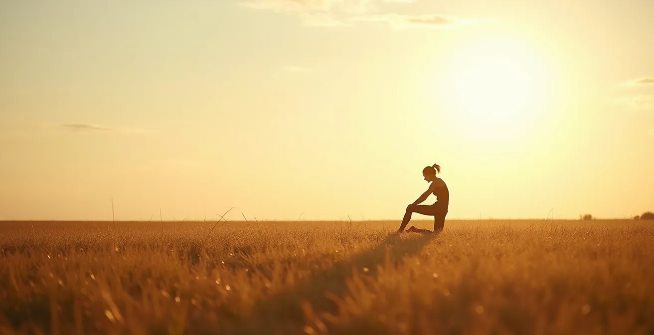 Wide landscape shot of person exercising during golden hour with natural lighting showing time of day