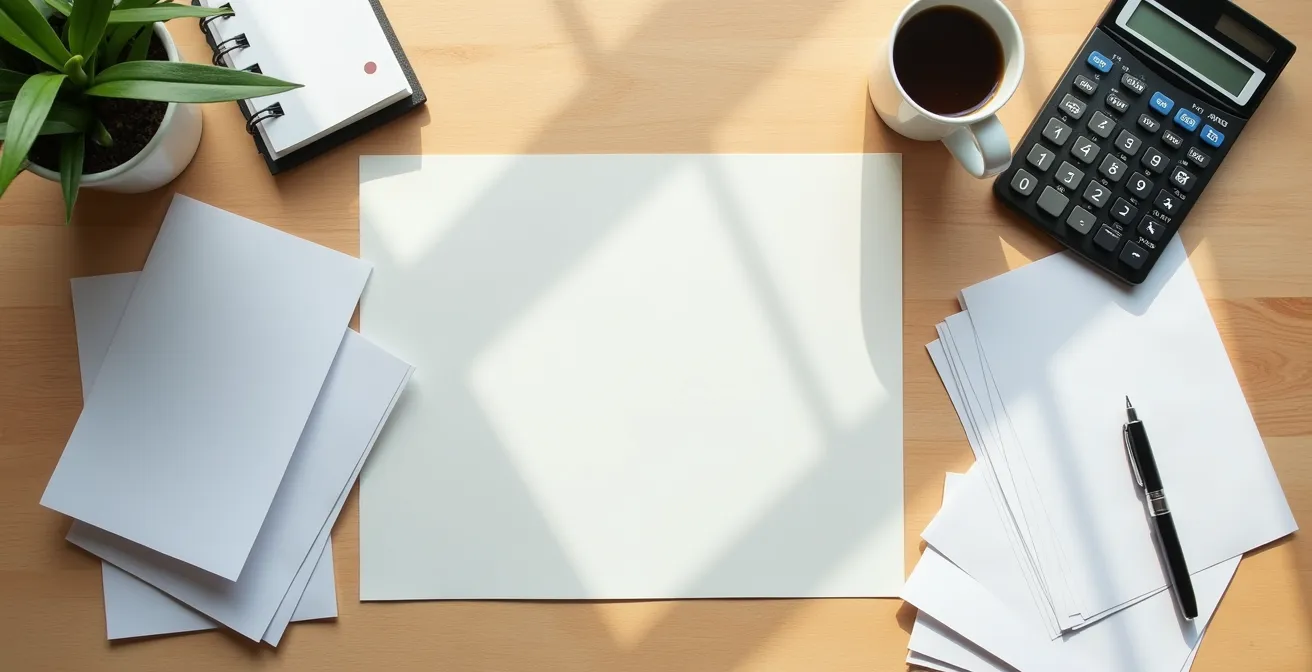 Overhead view of desk with calculator and organized expense receipts in neat piles