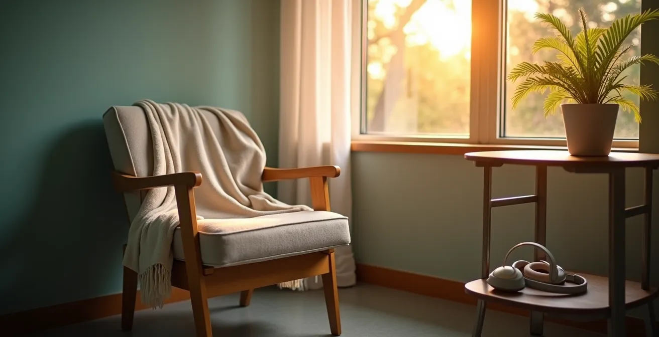 Cozy hospital room corner with personal items creating homey atmosphere