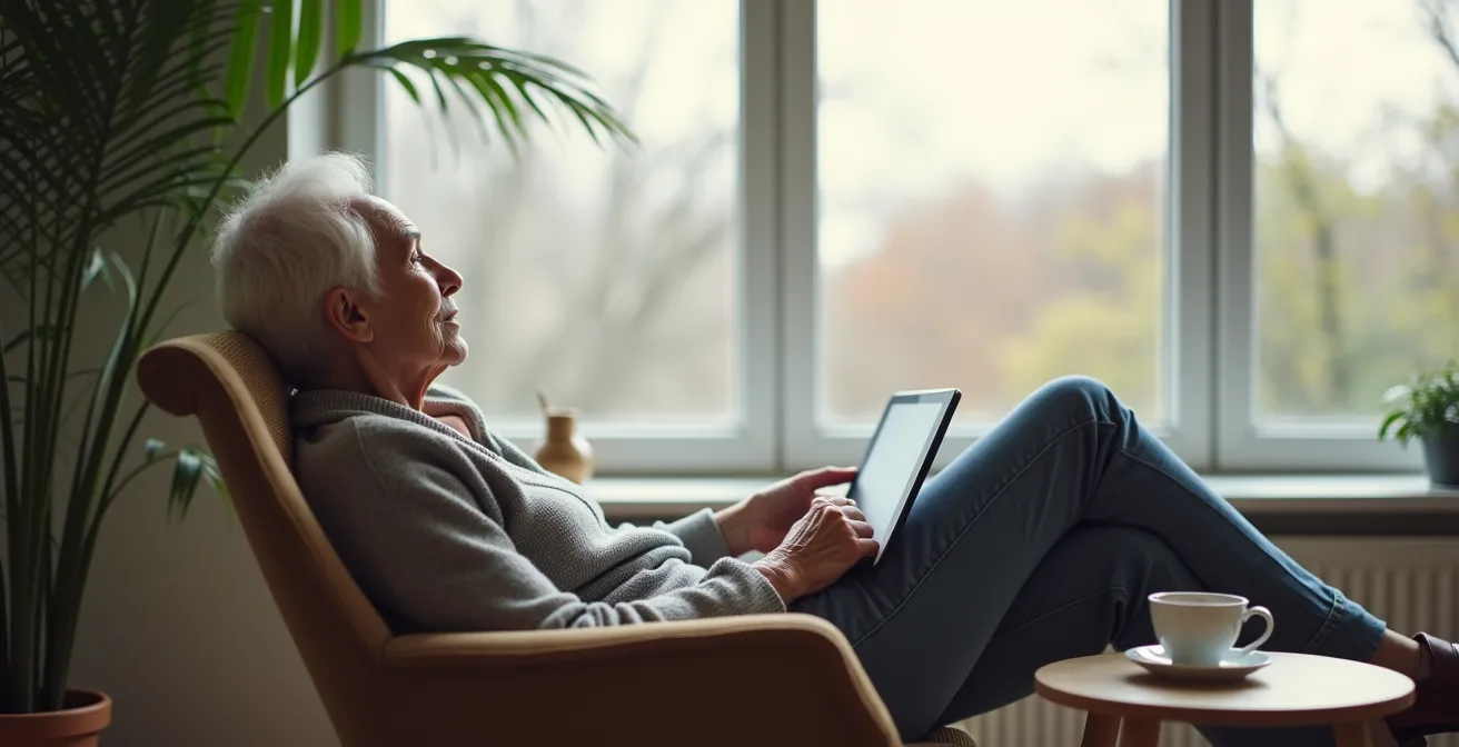 Wide shot of a senior taking a mindful break from technology learning in a peaceful home environment
