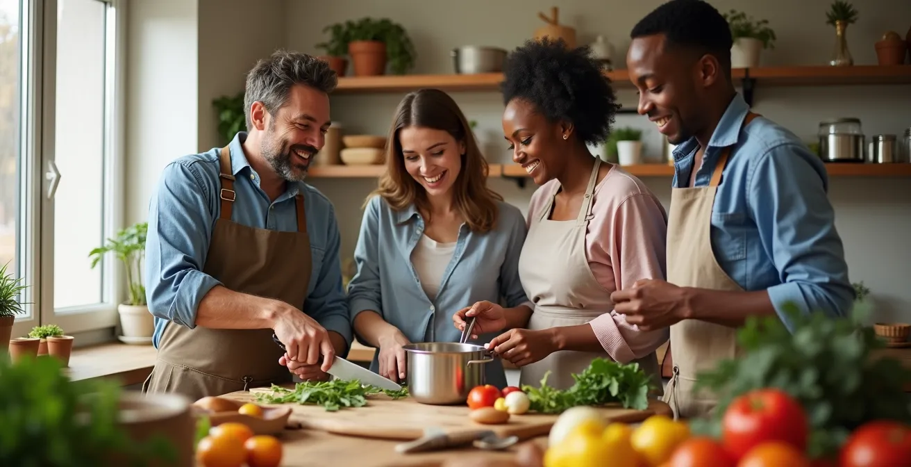 Multiple people cooking and conversing in a bright modern shared kitchen space with natural light