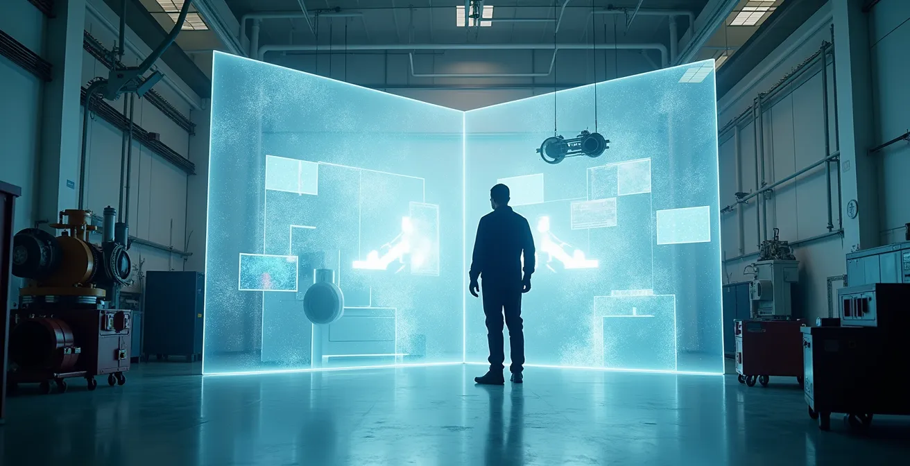 Wide environmental shot of maintenance engineer studying holographic component wear patterns in industrial setting