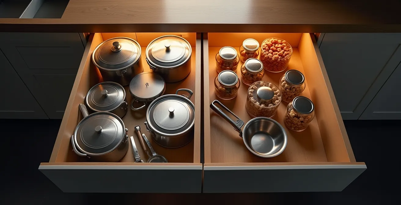 Split view comparison of pull-out drawer system and lazy susan in corner kitchen cabinets