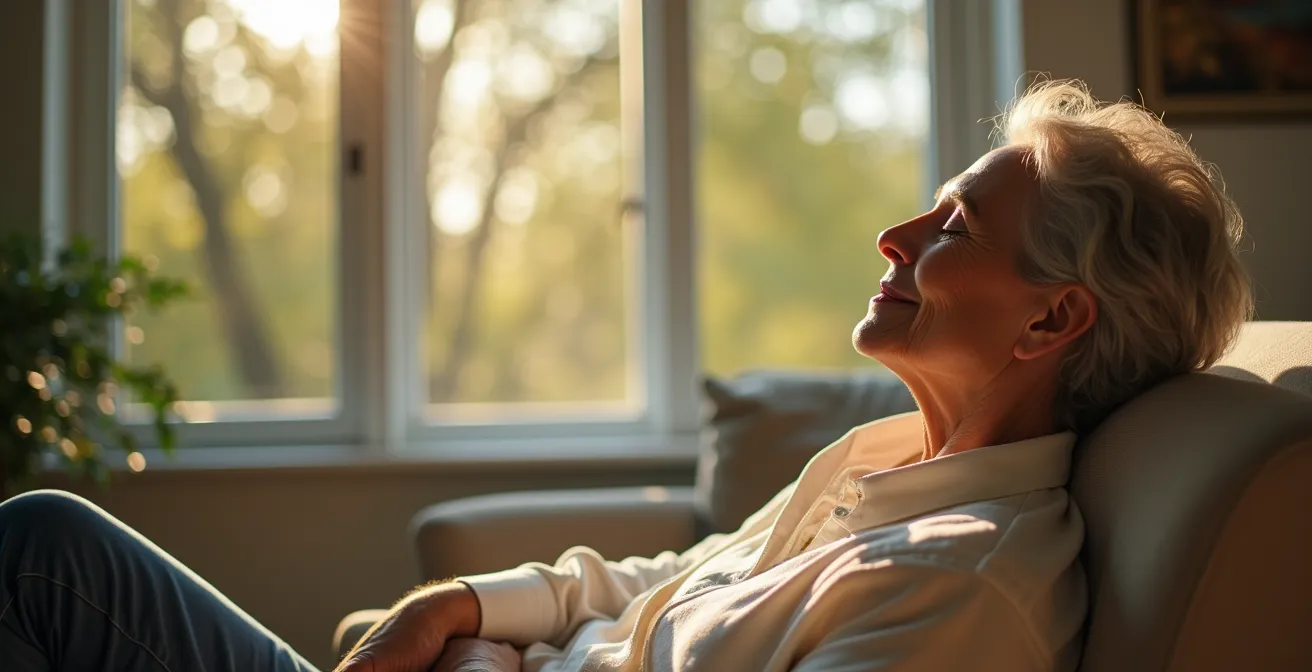Living room interior showing dappled natural light patterns from strategically pruned trees