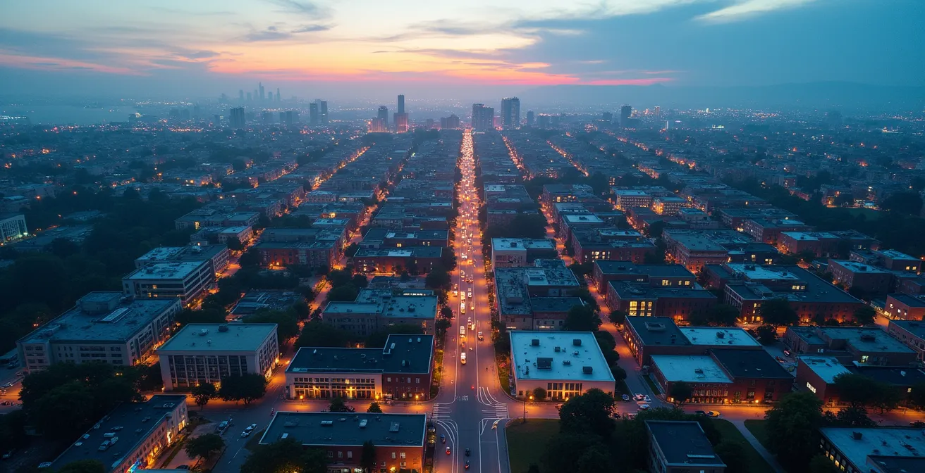 Aerial view showing data patterns overlaying residential neighborhoods