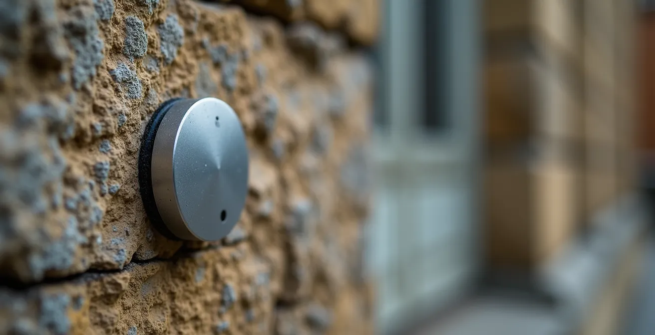 Extreme close-up macro shot of a small, metallic wireless sensor attached to the weathered limestone of an ancient building, symbolizing the connection between the physical site and its data-rich digital twin.