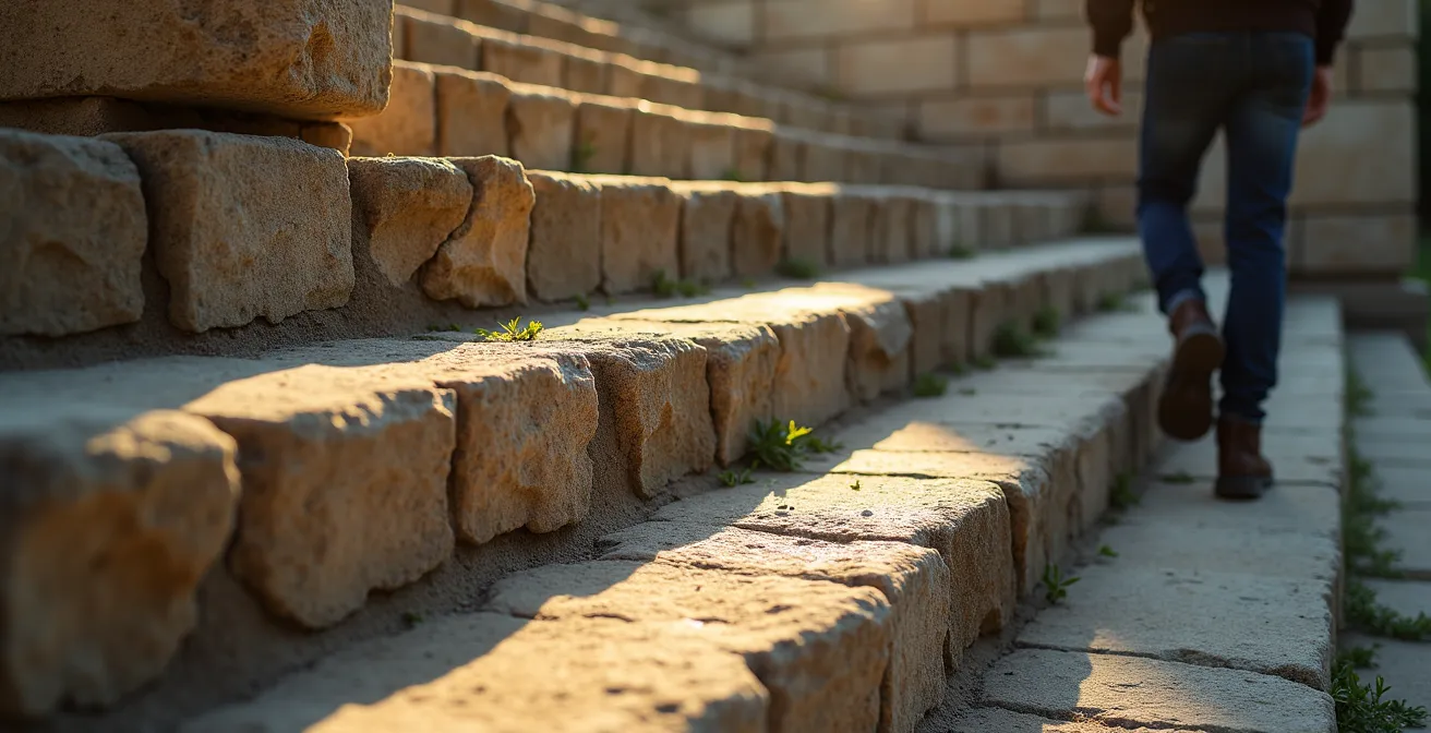 Empty ancient stone amphitheater bathed in soft morning sunlight with single visitor
