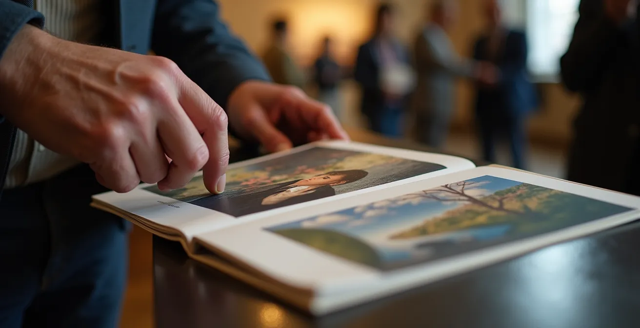 Close-up of hands examining artist portfolio at gallery opening