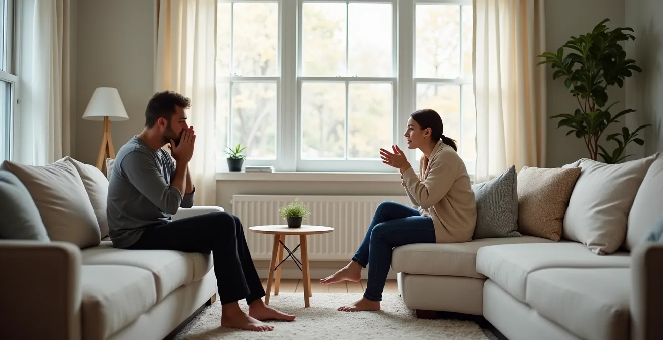 Wide shot of supportive listening environment showing calm presence without intervention