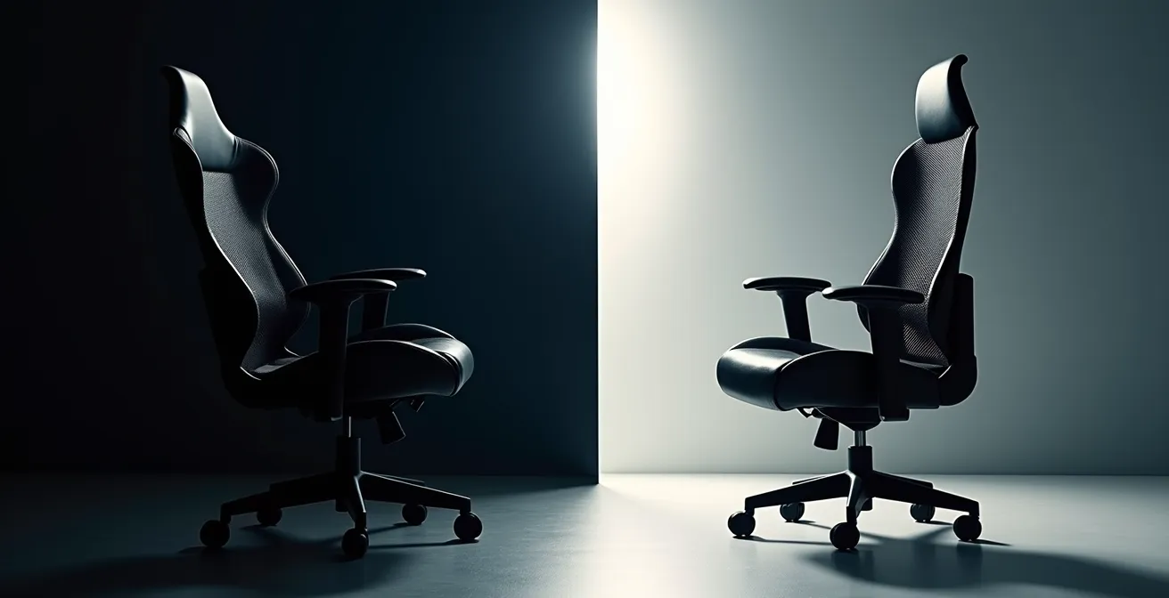 Side-by-side comparison of gaming and office chairs in workspace setting