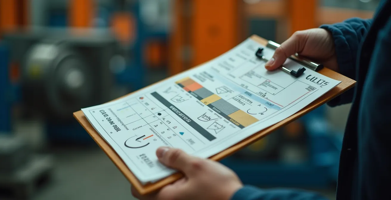 Close-up of hands holding clipboard with abstract visual patterns on factory floor