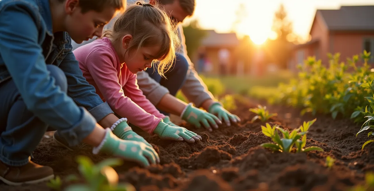 Multi-generational family working together in a community garden