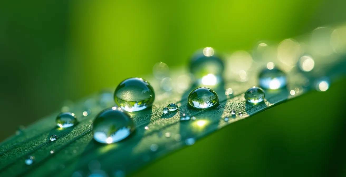 Macro detail of water droplets on leaf surface showing natural fractals and patterns