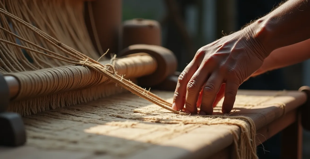 Artisan hands working on a traditional textile loom, showing economic sovereignty through direct purchase