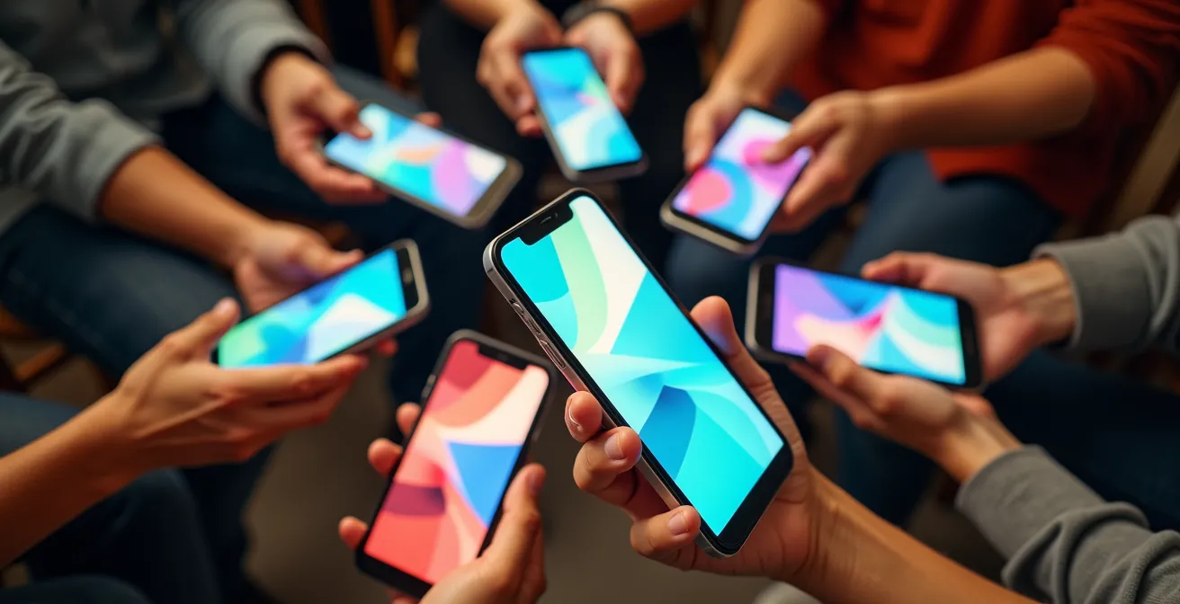 Close-up of hands holding various devices showing colorful polling interfaces with abstract visual feedback