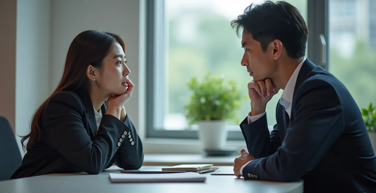 Professional observing subtle non-verbal cues during business conversation