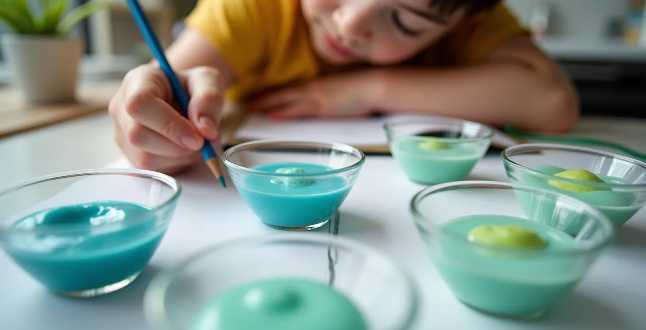 Child's hands writing observations in a science notebook next to colorful slime samples