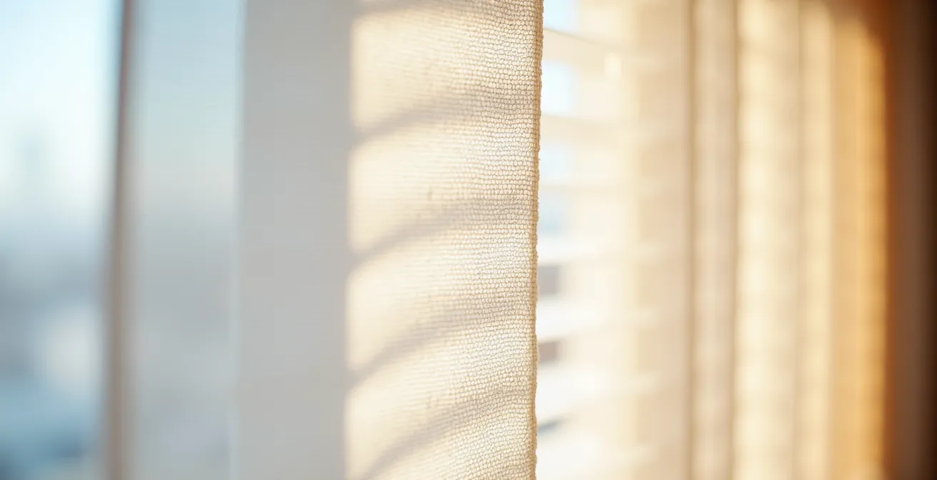 Close-up comparison of different window treatments showing light filtering properties