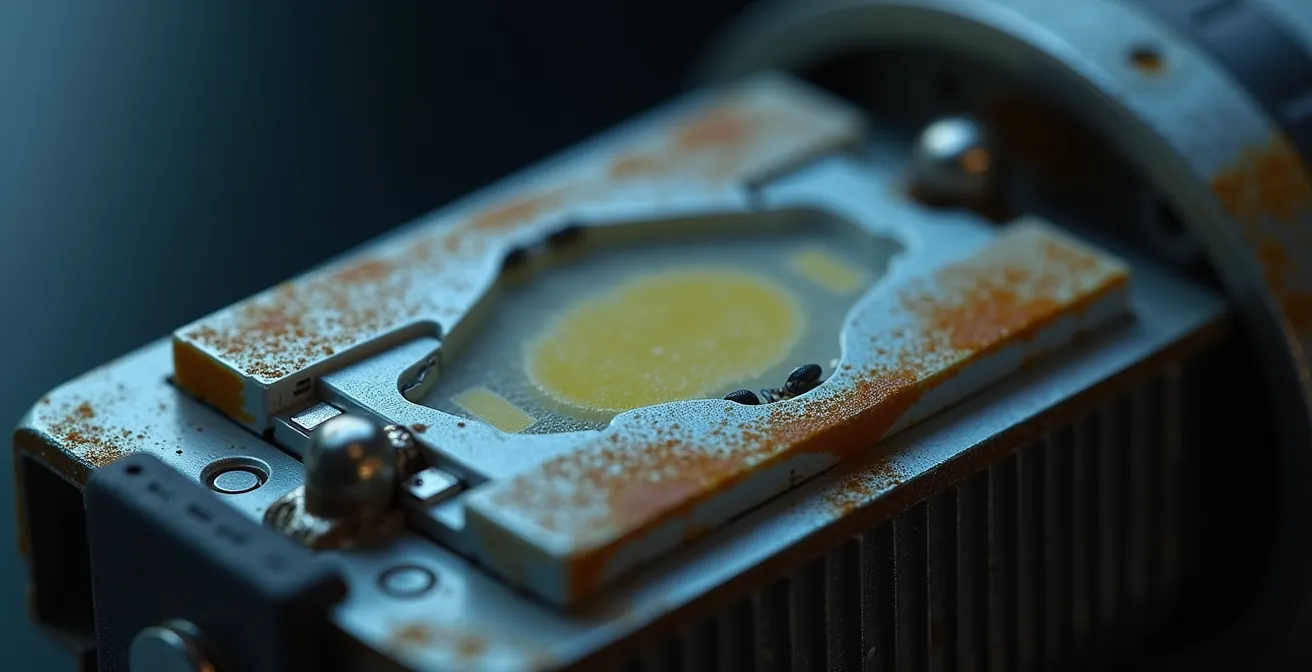 Macro close-up showing LED bulb components with visible aging indicators