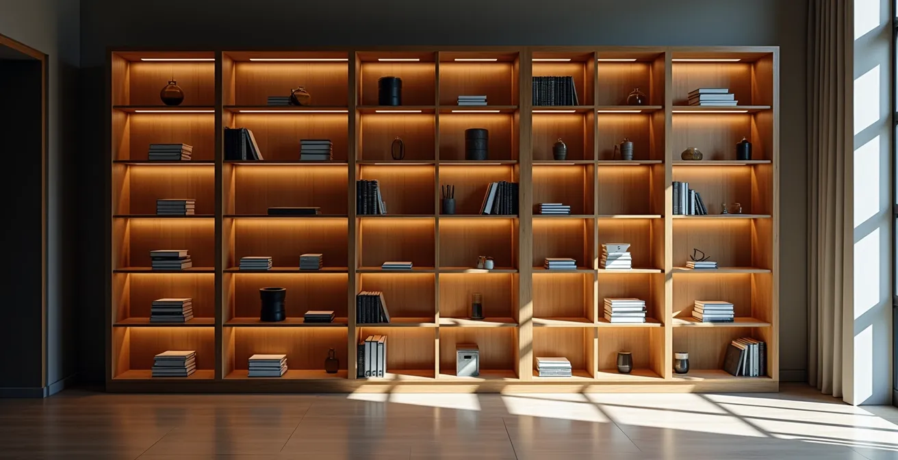 Open modular shelving system with varied depths creating translucent room division