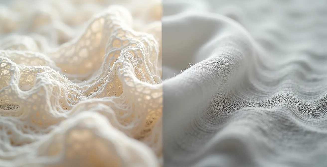 Macro comparison of linen and bamboo fabric textures showing fiber differences