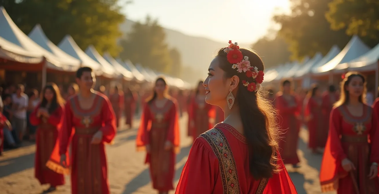 A wide shot of a contemporary cultural celebration, showing the vibrancy of living traditions versus stereotyped costumes