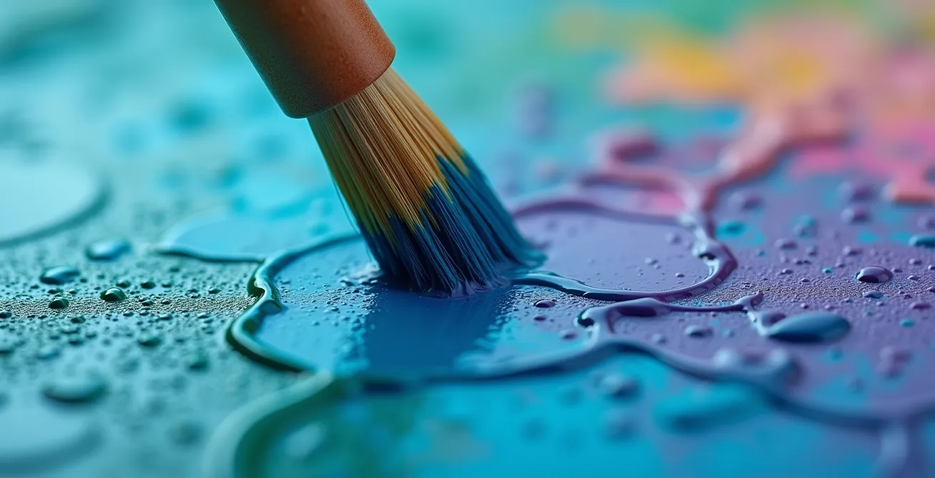 Extreme close-up of paintbrush bristles mixing vibrant paint colors on canvas