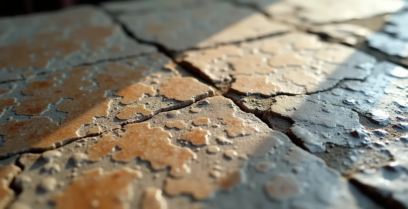 Extreme close-up of ancient stone surface showing degradation from human touch