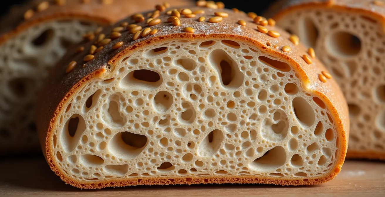 Extreme close-up of whole grain bread texture showing seeds and fiber