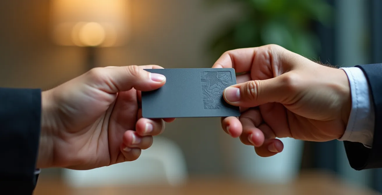 Close-up of hands exchanging business cards in traditional Japanese manner
