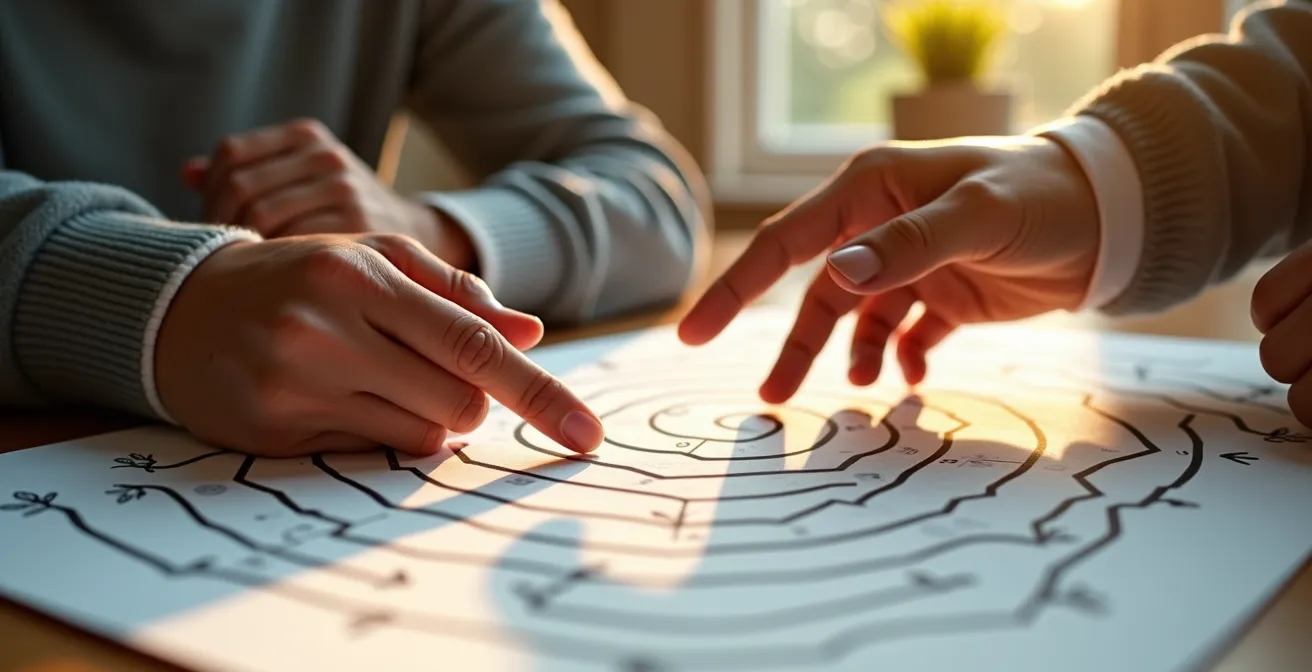 Abstract representation of guidance through complex pathways with warm lighting
