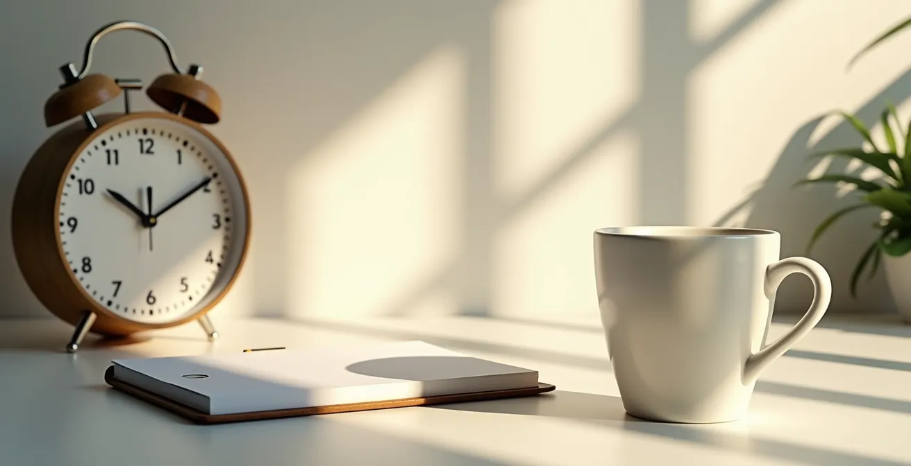 Minimalist office workspace showing strategic coffee timing elements