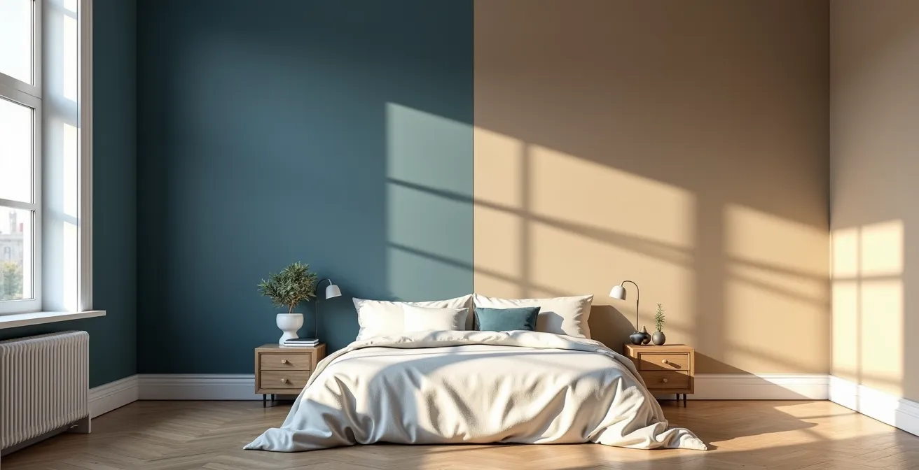 Split view comparing cool blue and warm beige color schemes in a north-facing bedroom with natural lighting