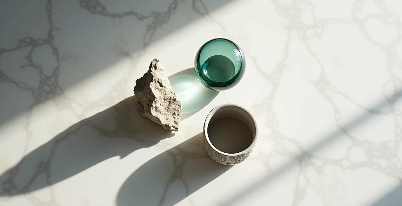 Three decorative objects arranged in a visual triangle formation demonstrating the rule of odd numbers