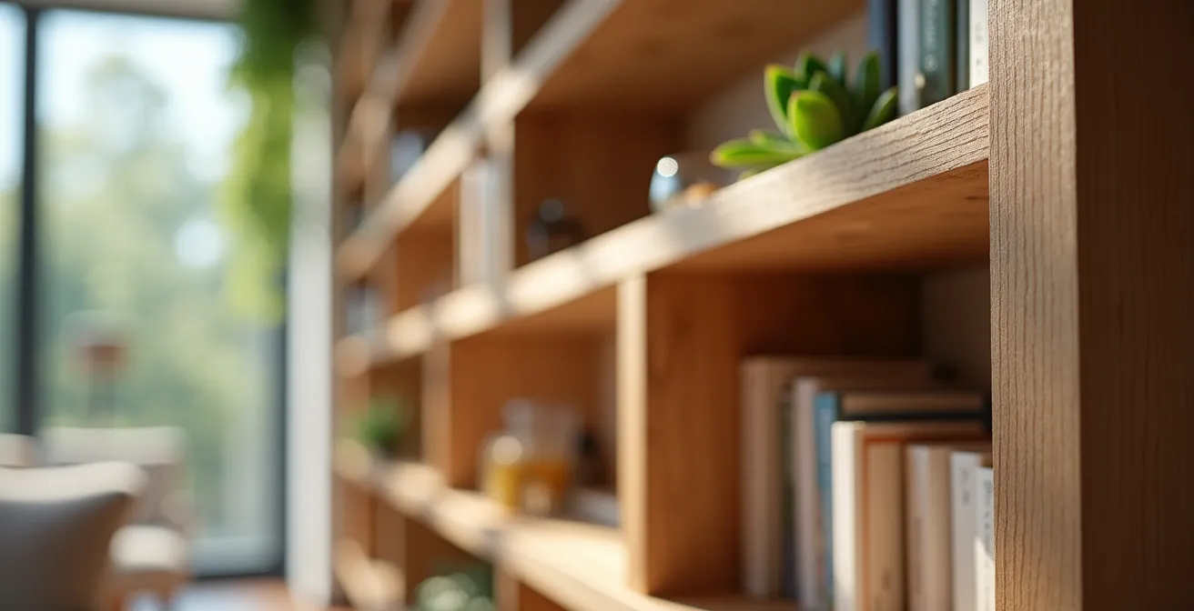 An open modular shelf dividing a bedroom and office space, with abundant natural light filtering through and plants on the shelves