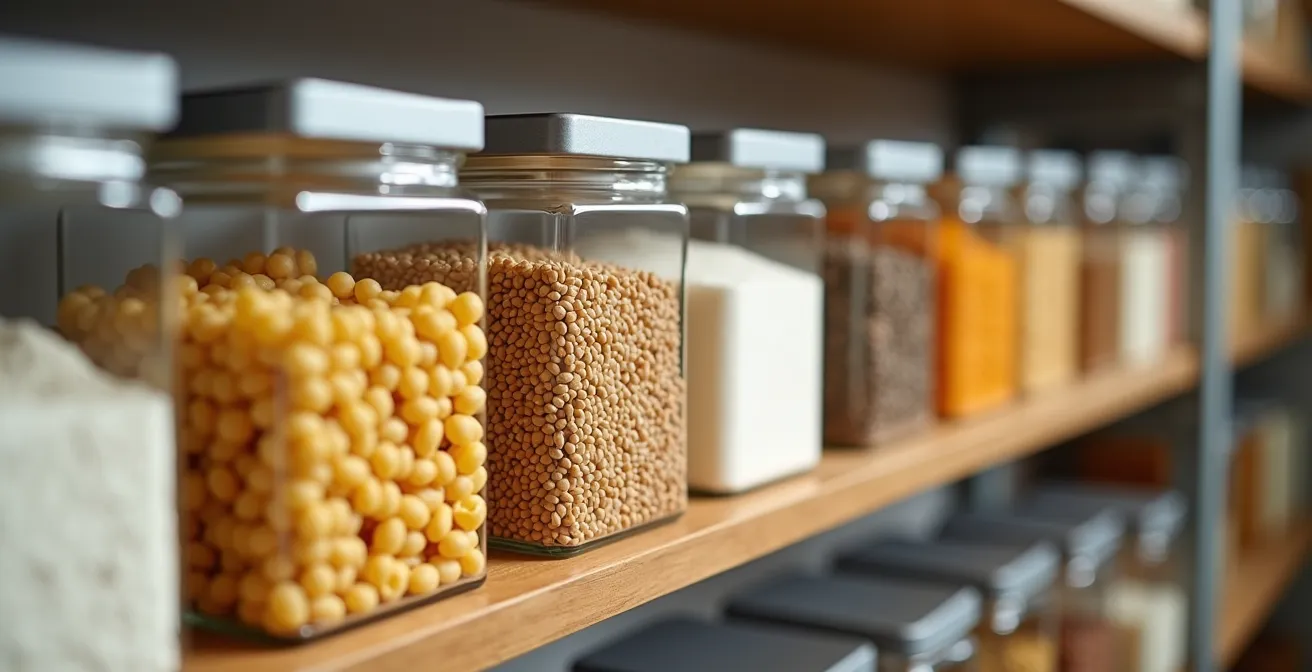Organized pantry shelf with uniform square containers maximizing vertical storage space