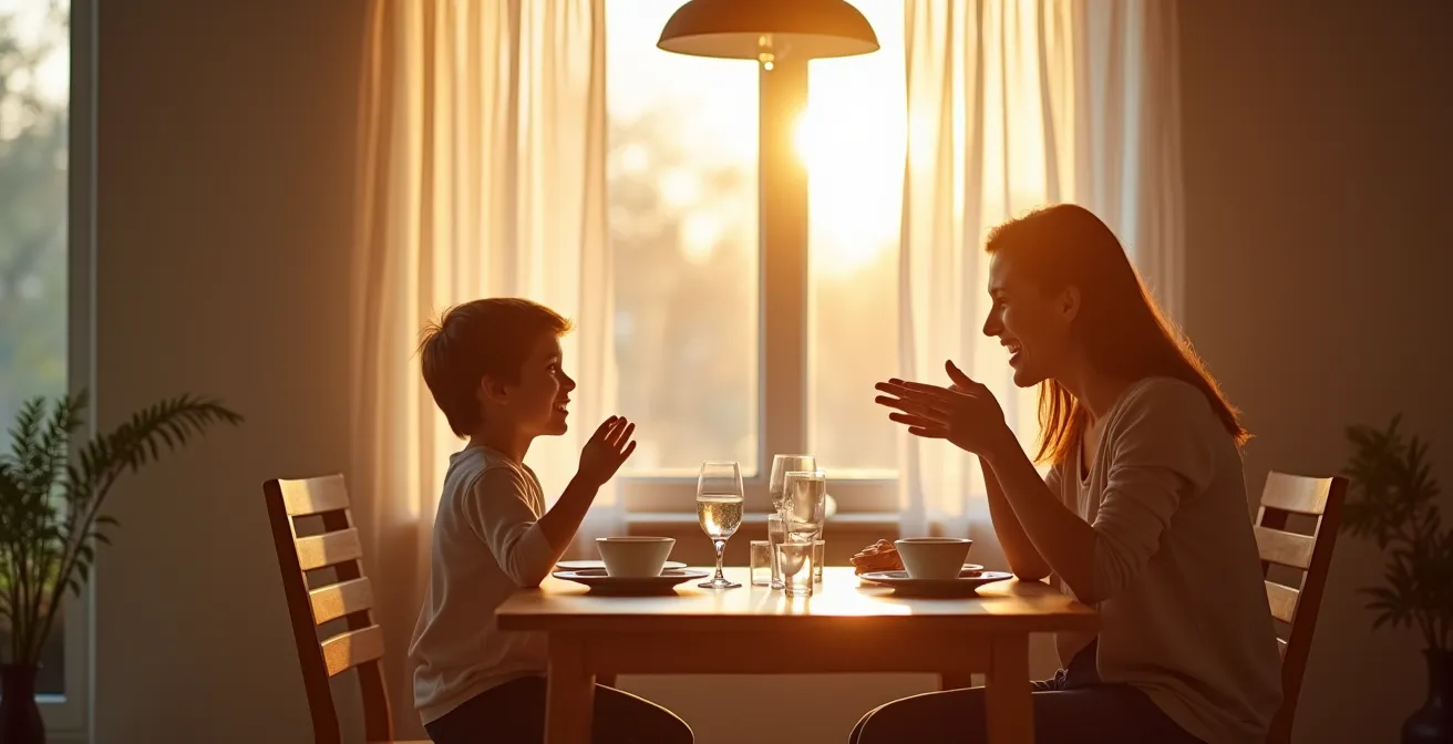 Parent and child engaged in animated conversation at dinner table with warm lighting and expressive faces