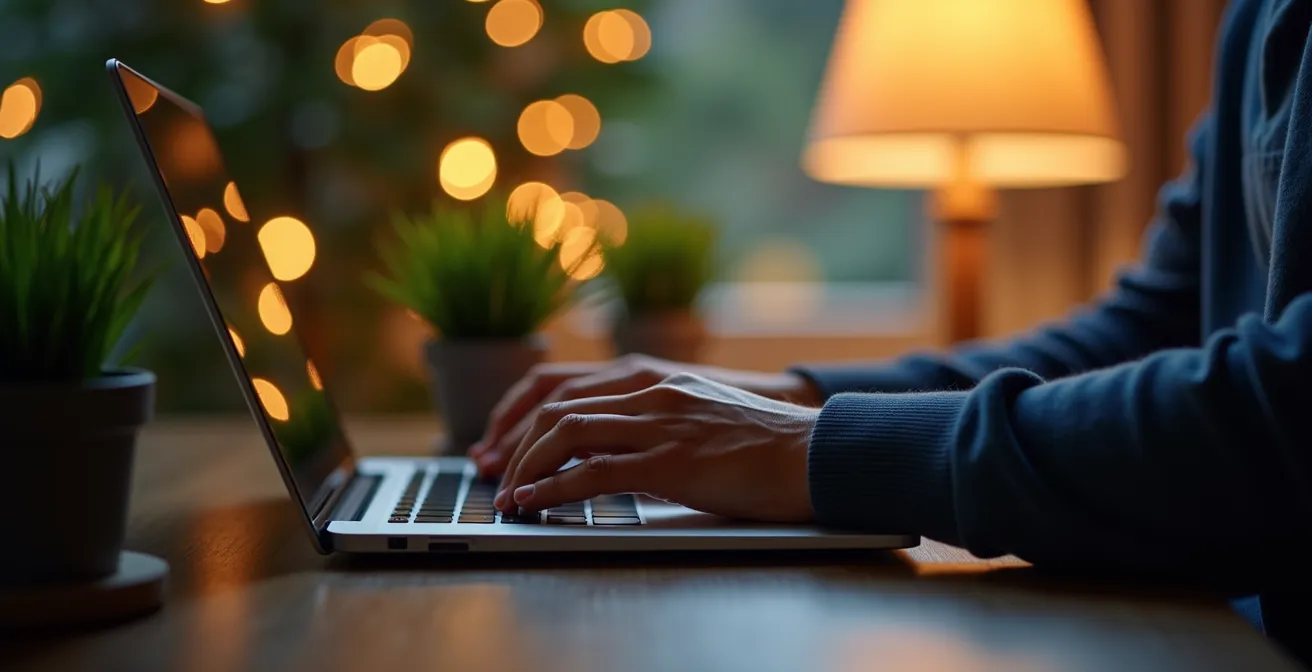 Individual at a laptop engaged in an online community discussion in a cozy home environment with warm ambient lighting