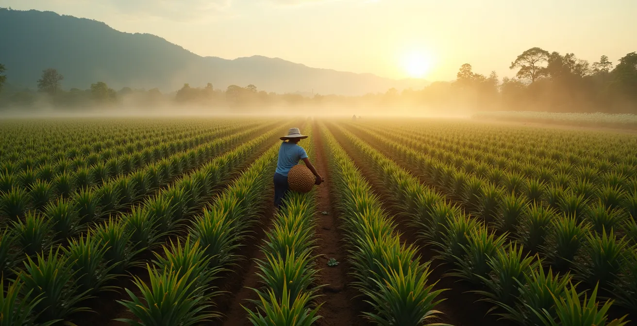 Aerial view of pineapple plantation showing sustainable leaf harvest for leather production