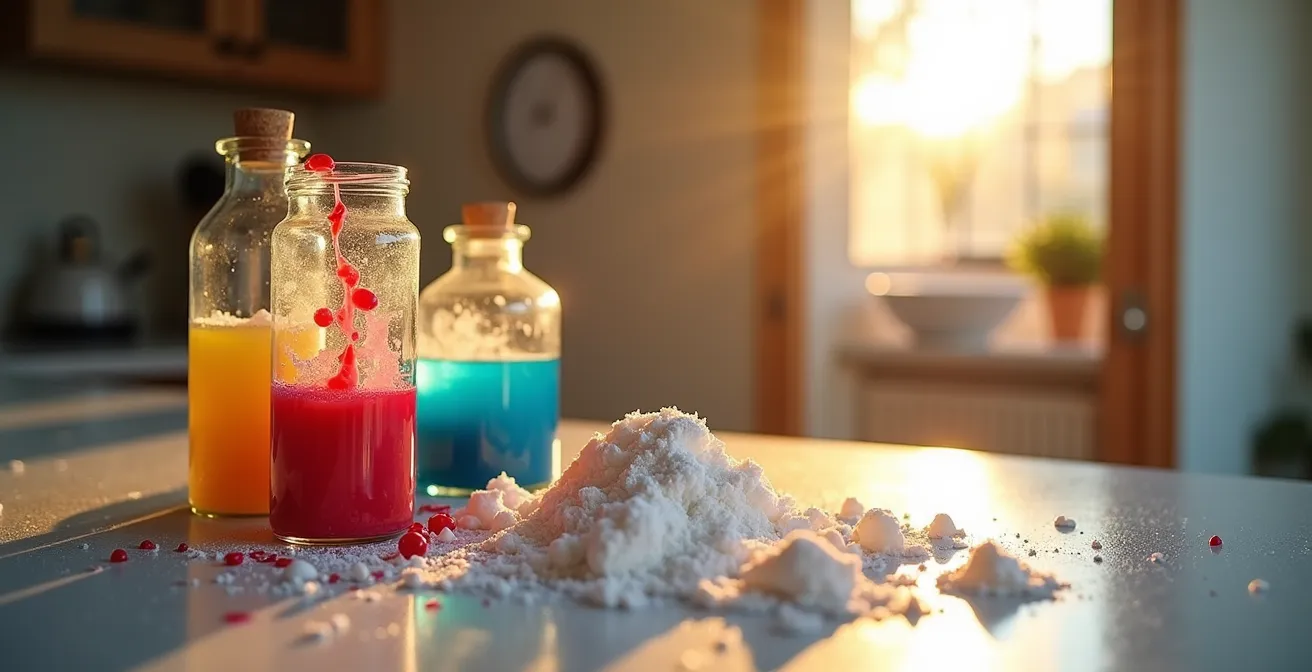 Kitchen counter with colorful experiment materials and a wall clock showing evening time
