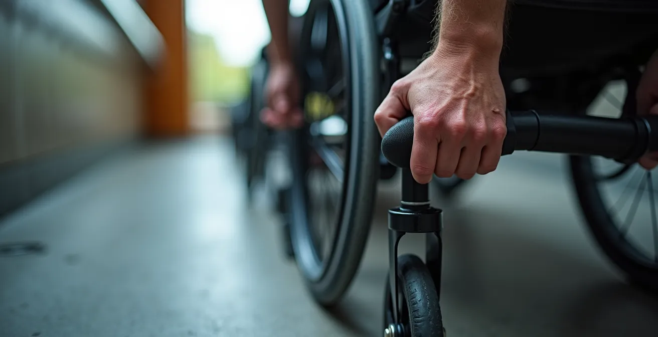Close-up view of wheelchair user's hands on wheel rims showing effort on a ramp