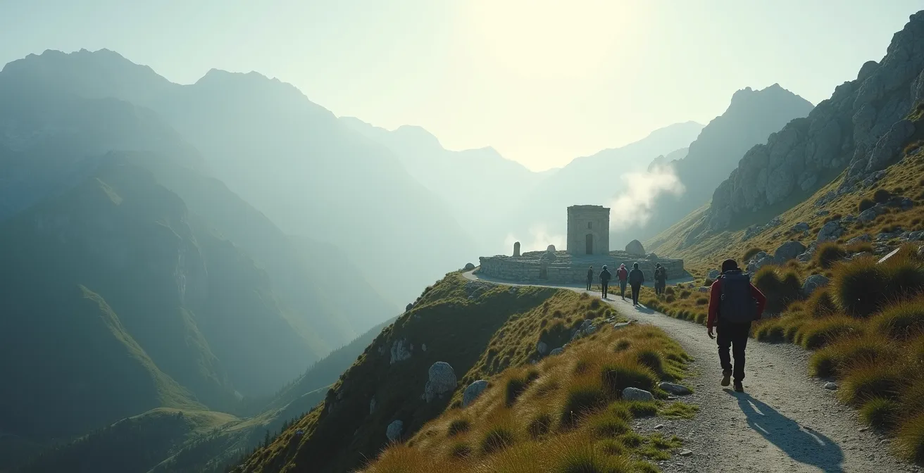 Small group of hikers approaching ancient ruins through mountain trail at dawn